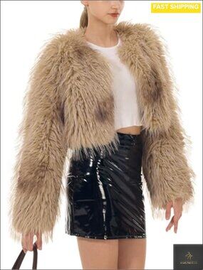 Cropped Faux Fur Jacket Long Sleeve Open Front Fluffy Shaggy Cardigan Coat